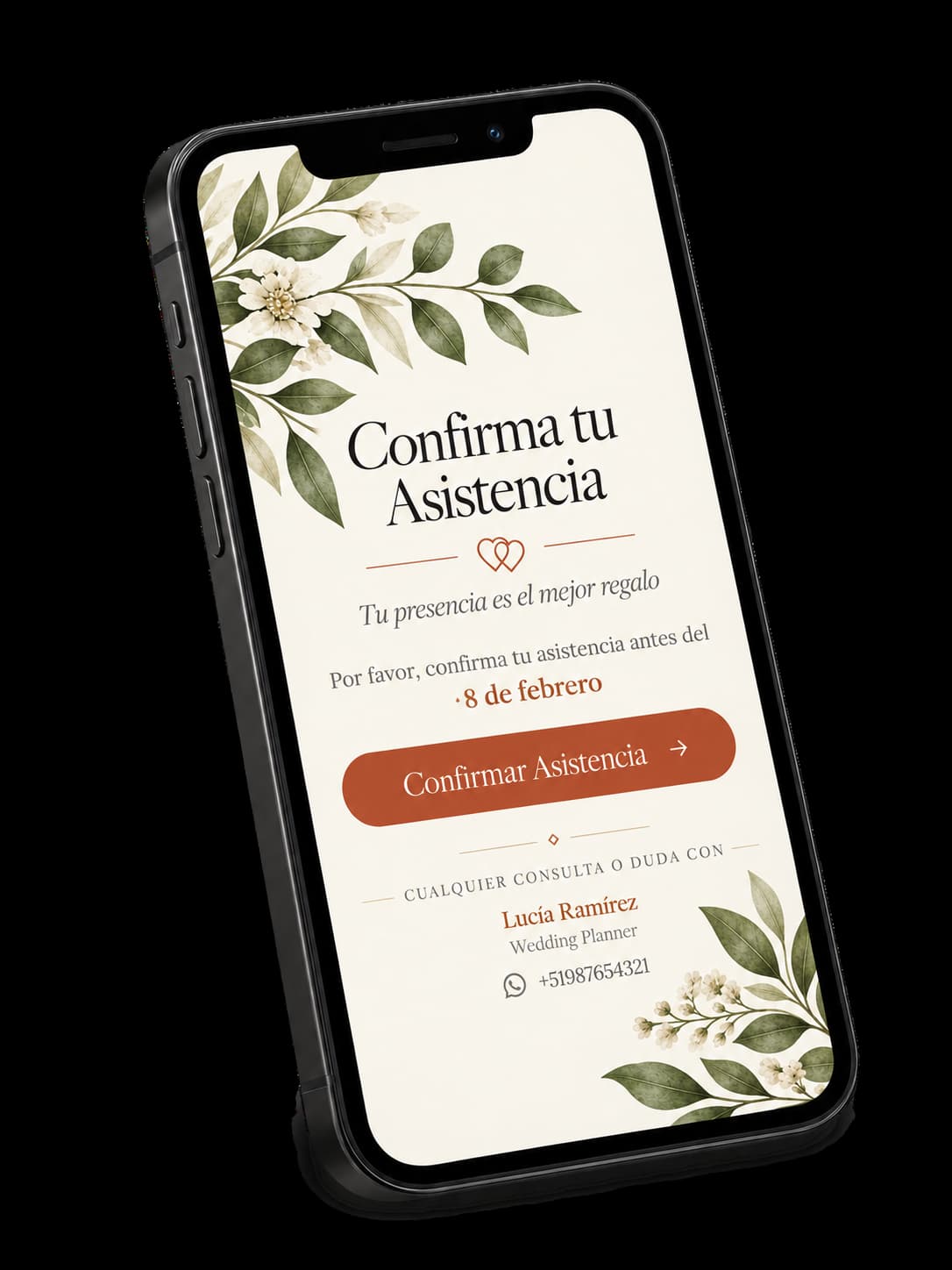Invitación floral en un teléfono, con el botón Confirmar asistencia