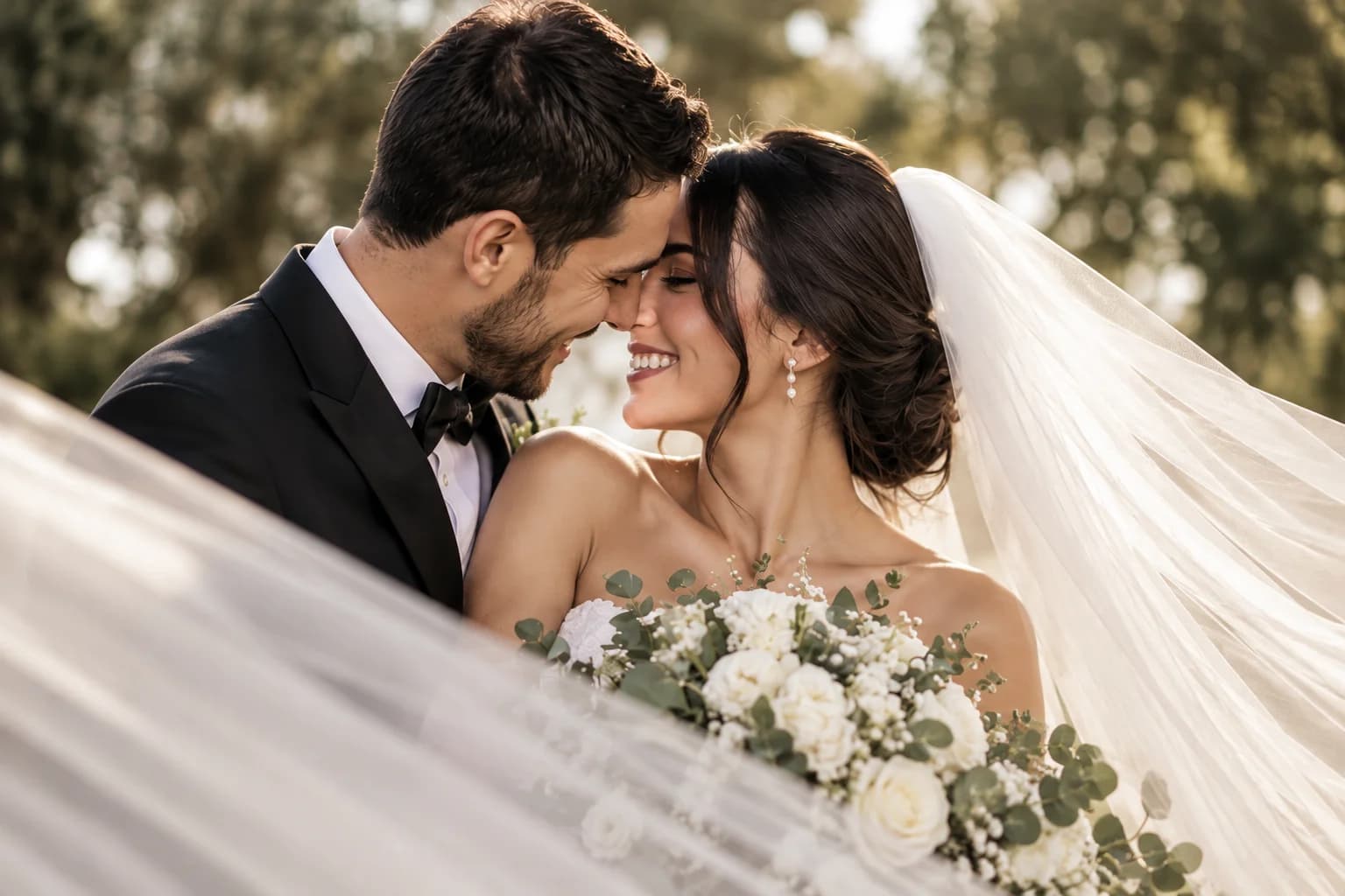 Novios sonriendo frente a frente, con su ramo y el velo al viento