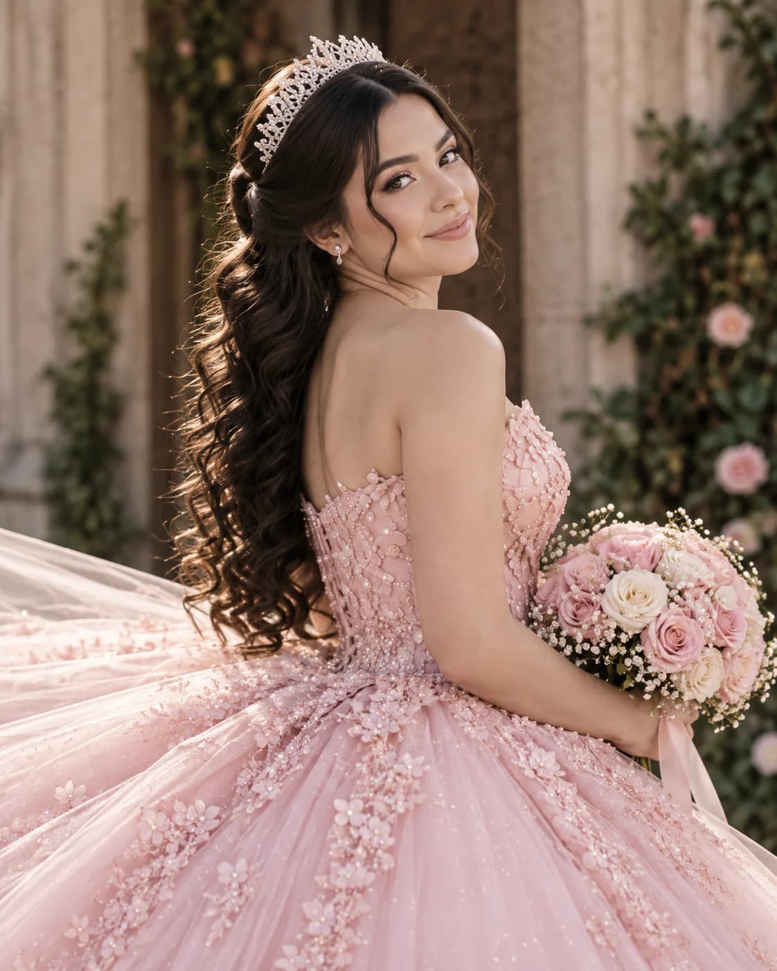 Quinceañera con vestido rosa, tiara y ramo de flores