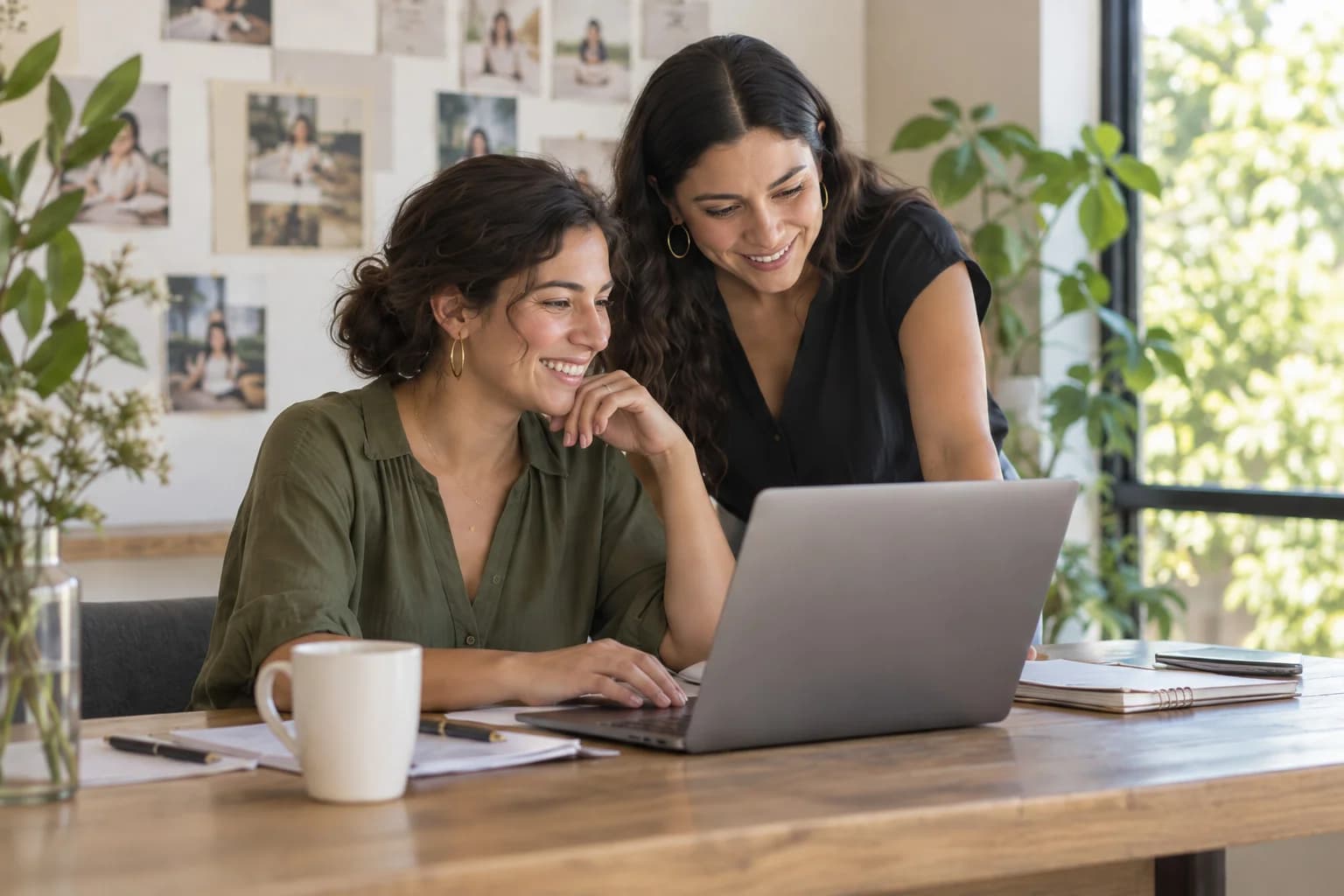 Dos personas organizando juntas los detalles de una celebración