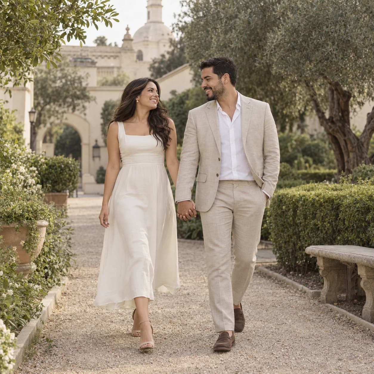 La pareja caminando de la mano durante su sesión preboda