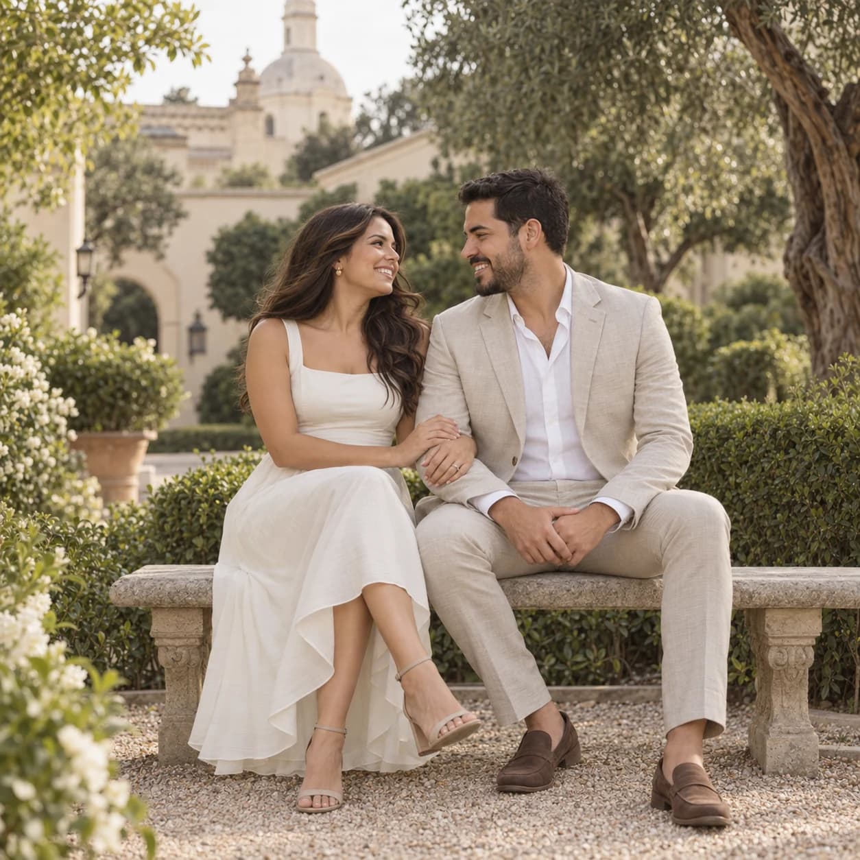 La pareja conversando en un banco del jardín