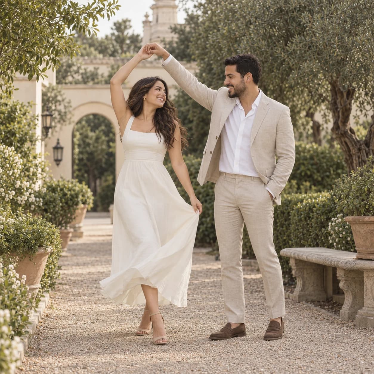 La pareja bailando suavemente en el jardín