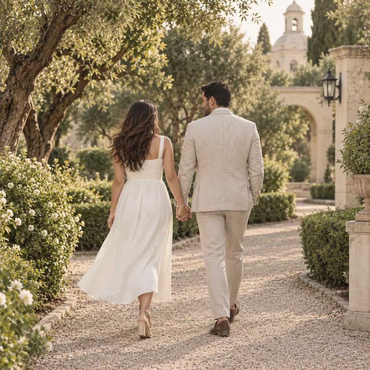 La pareja caminando de espaldas por el jardín al atardecer